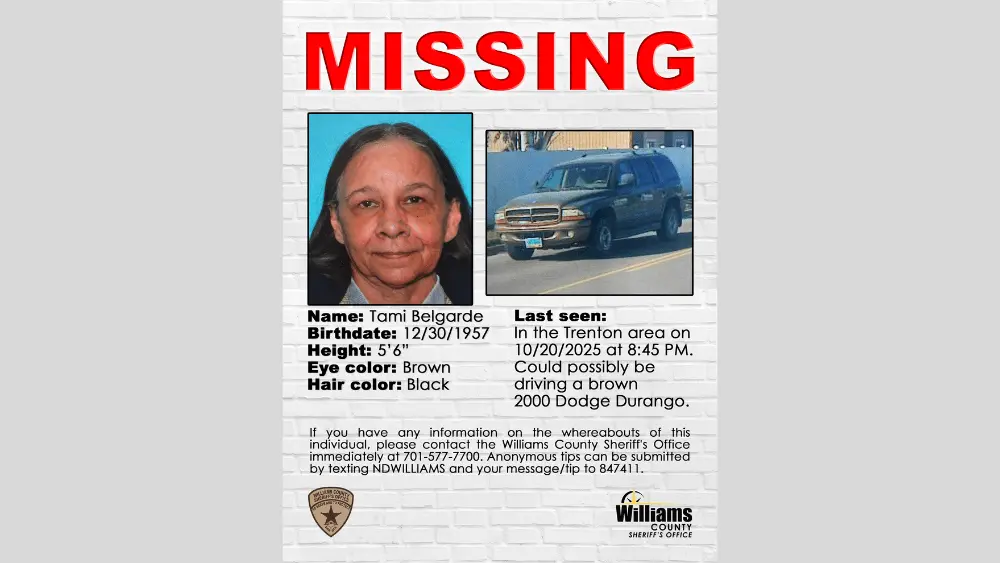 Image of William County Sheriff's Office poster of Tami Belgarde and the vehicle she might be driving