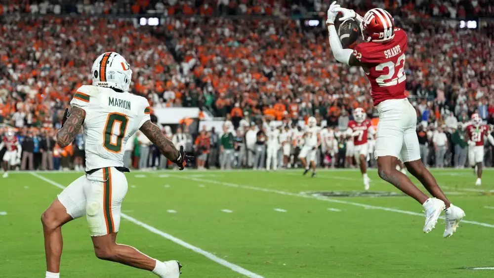 Indiana University defensive back Jamari Sharpe intercepting a pass