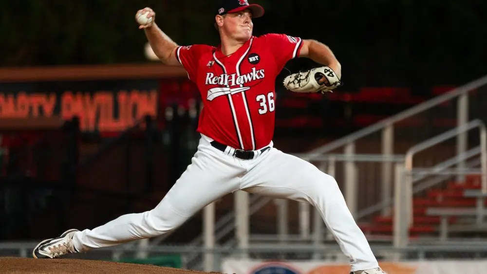 Fargo-Moorhead RedHawks pitcher Jake Dykhoff throwing a pitch