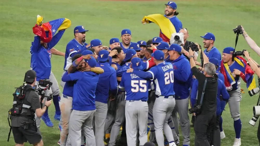 Team Venezuela celebrating their World Baseball Classic championship win
