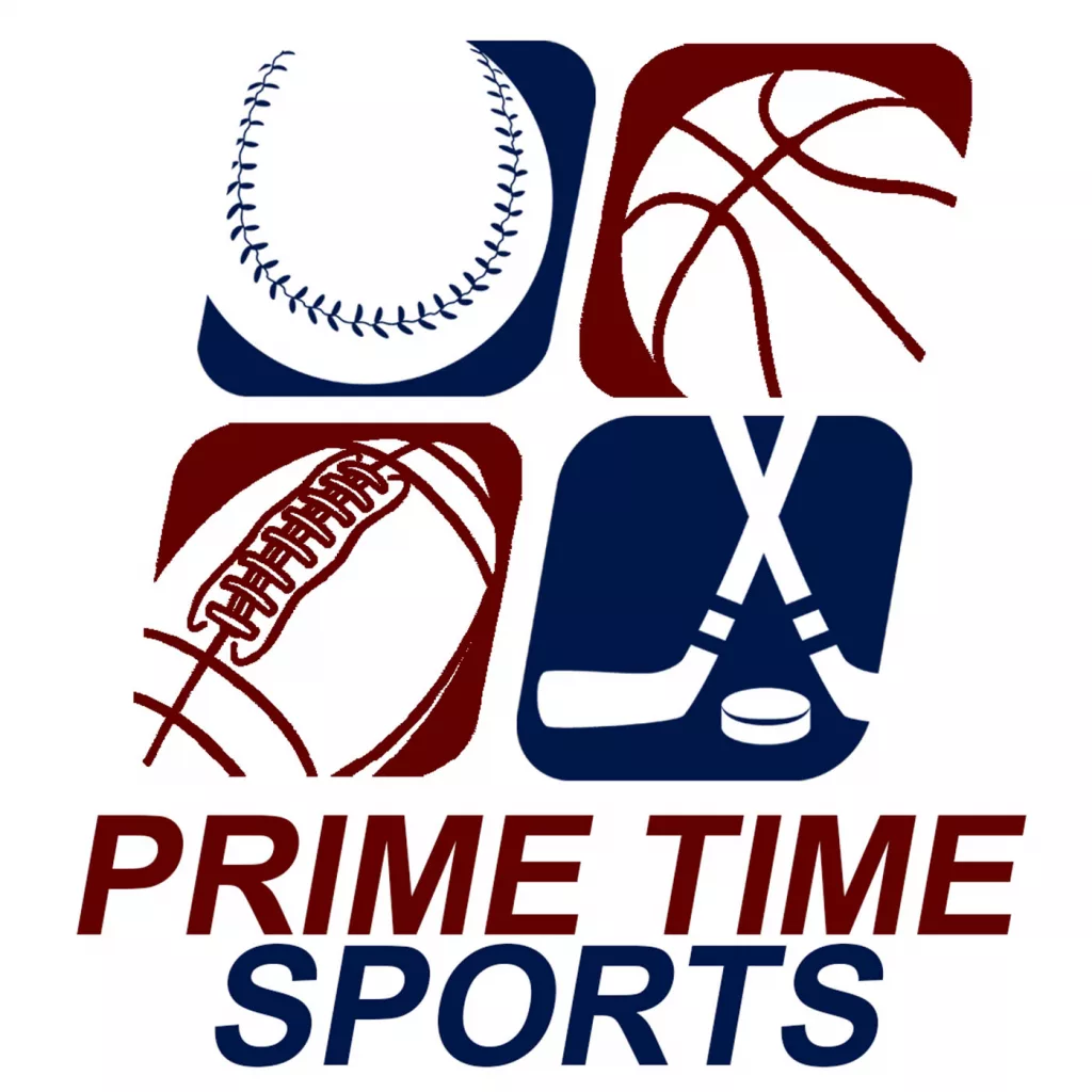 "Prime Time Sports" with images of a baseball, basketball, football, and hockey sticks.