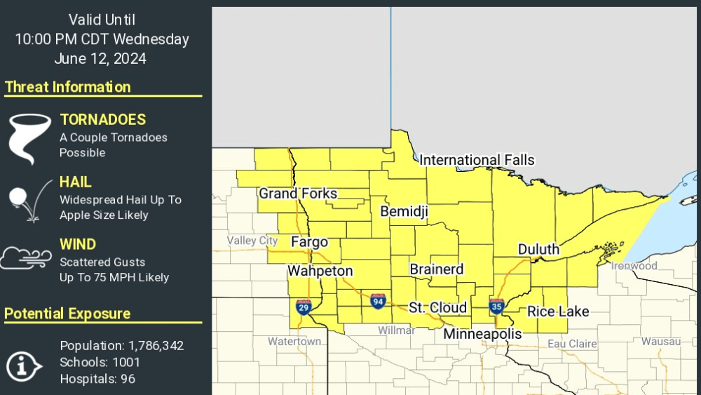 Severe Thunderstorm Watch issued for areas of Eastern ND and northern Minnesota until 10:00 PM 6/12/24