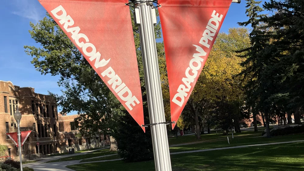 Two triangle flags at MSUM depicting the words "Dragon Pride"