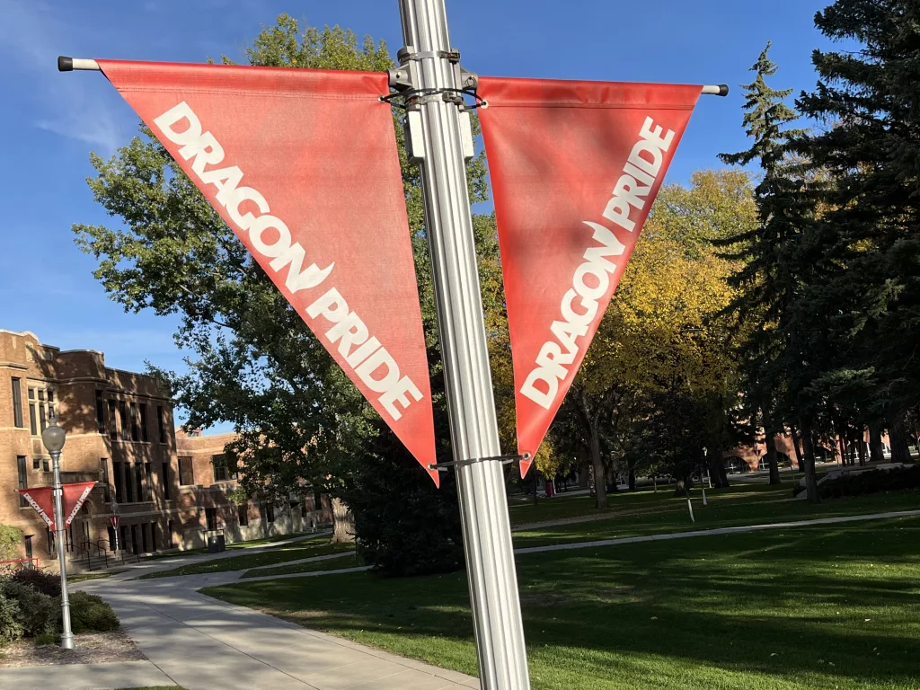 Two triangle flags at MSUM depicting the words "Dragon Pride"