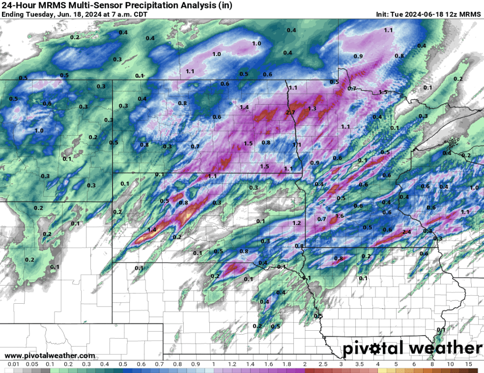 24 hour MRMS Multi-sensor Precipitation Analysis