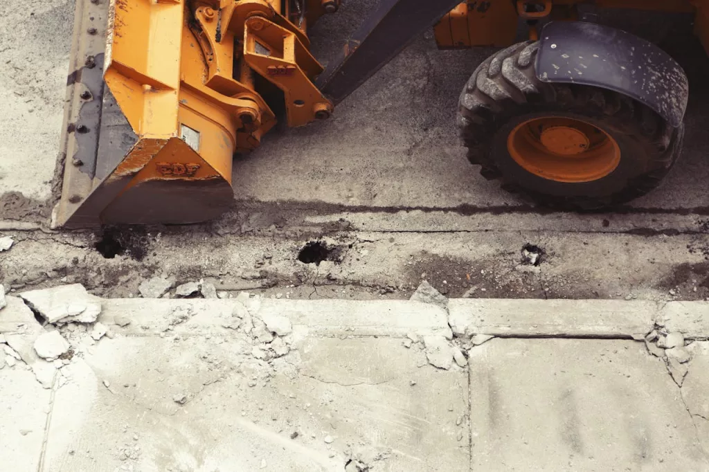 Photo shows construction equipment on road.