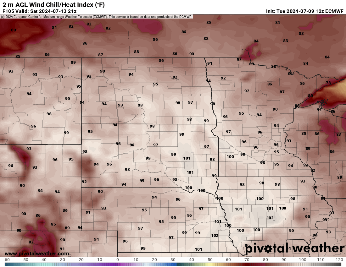 7/9/24 12z Euro Heat Index 4:00 pm CT Saturday 7/13/24