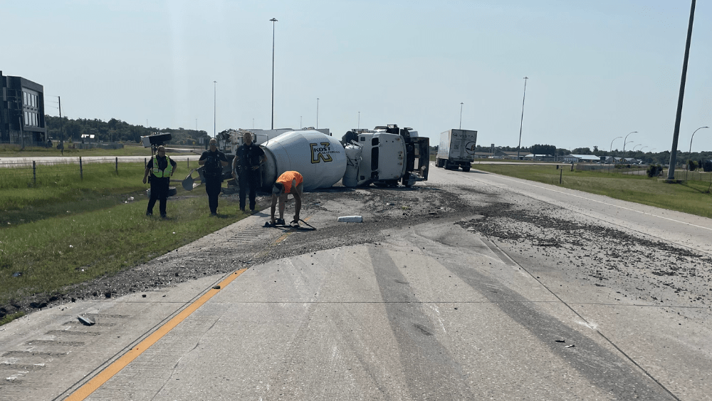 overturned concrete truck