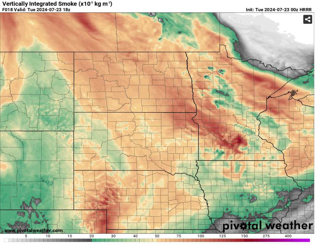 0z HRRR Upper level Smoke forefast for 7/23/24