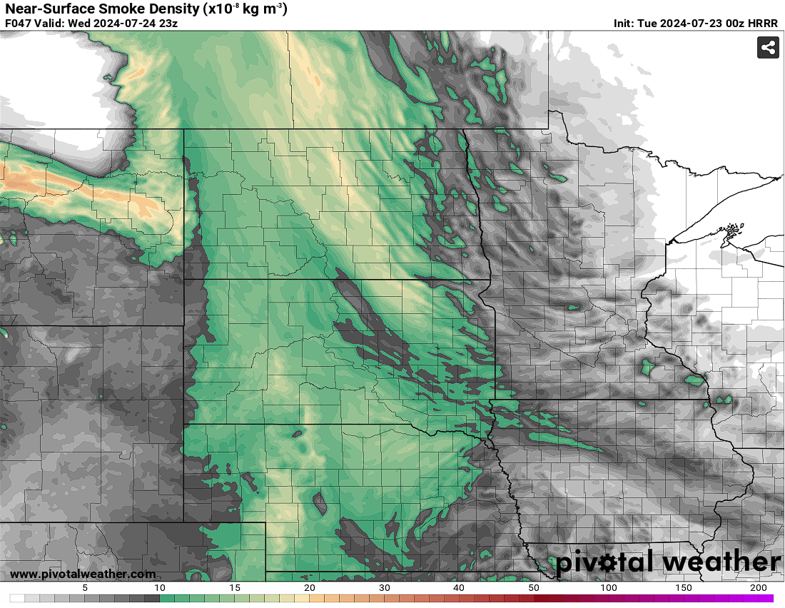 0z HRRR Near Surface Smoke forefast for 7/24/24