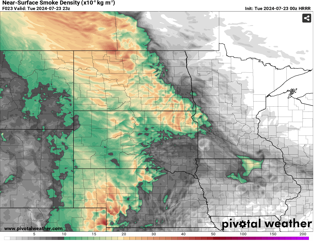 0z HRRR Near Surface Smoke forefast for 7/23/24