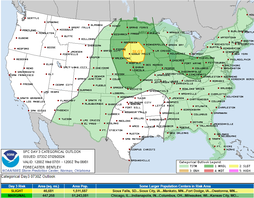 SPC Day Three Severe Weather Risk issued 7/29/24