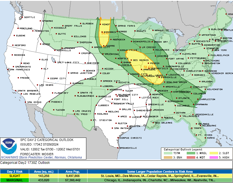 SPC Day Two Severe Weather Risk issued 7/29/24