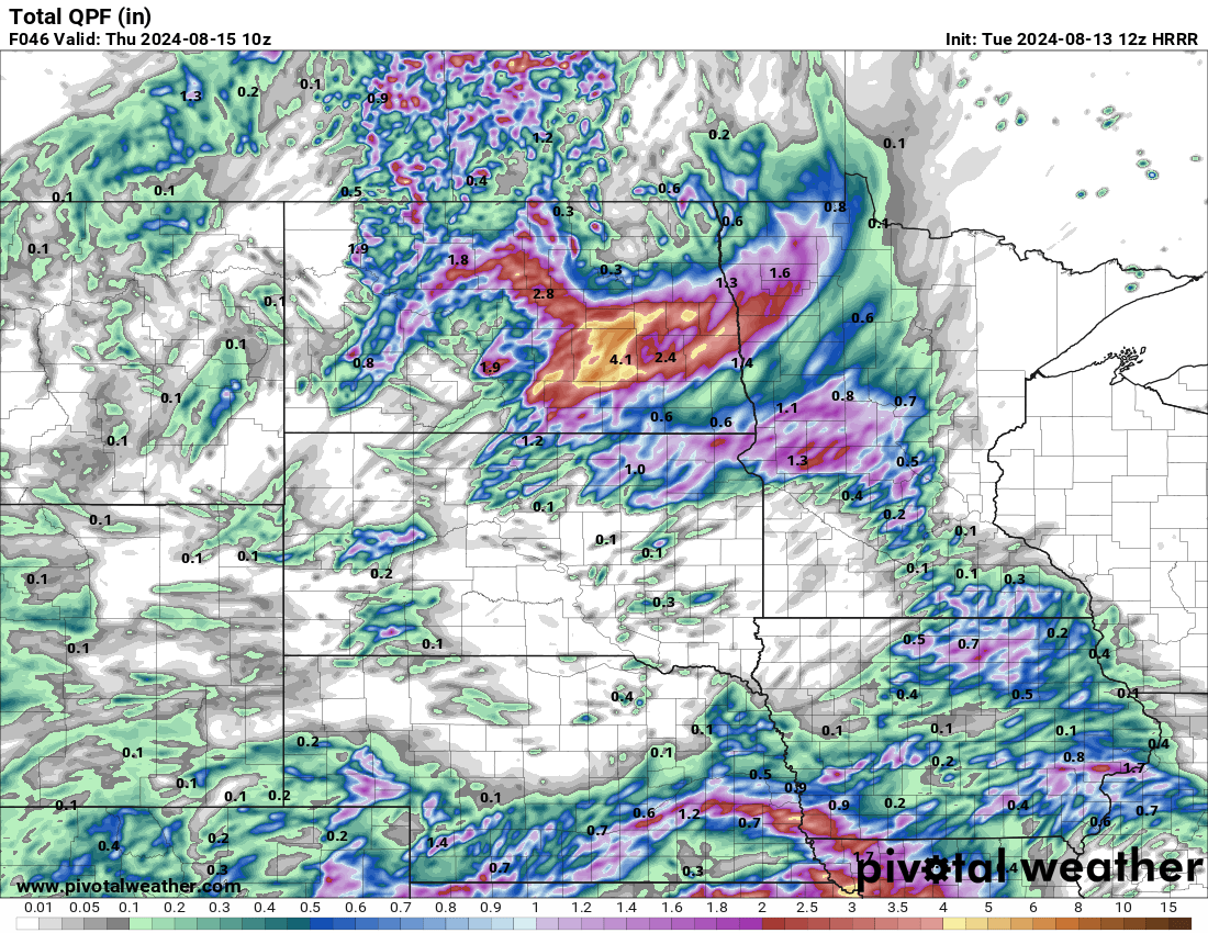 8/13/24 12z HRRR Estimated Rainfall through Thursday morning