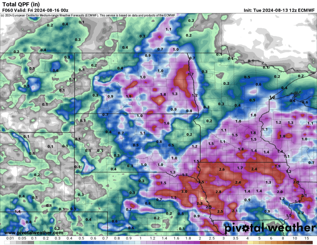 8/13/24 12z ECMWF Estimated Rainfall through Thursday morning