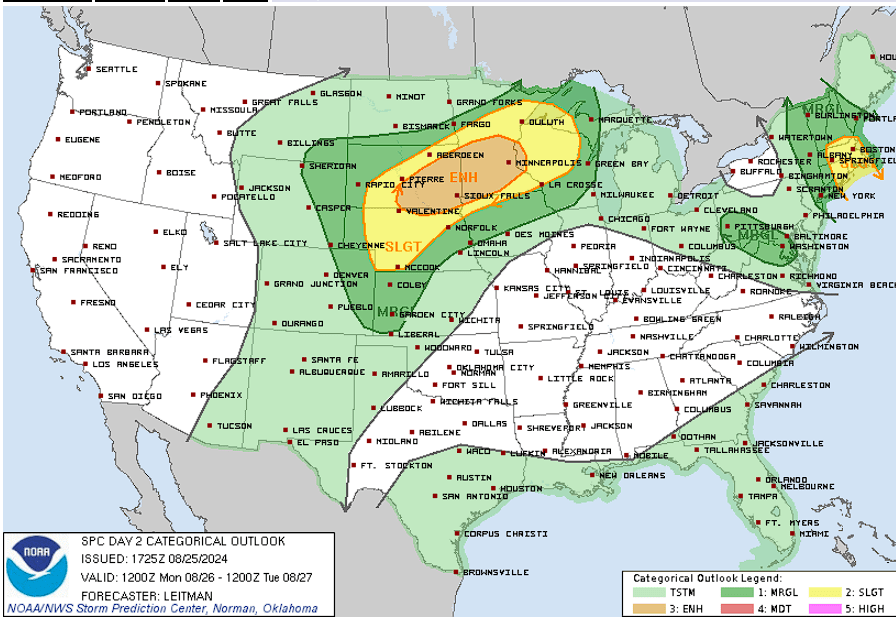 Severe Weather Outlook Day 2 for Monday 8/26/24