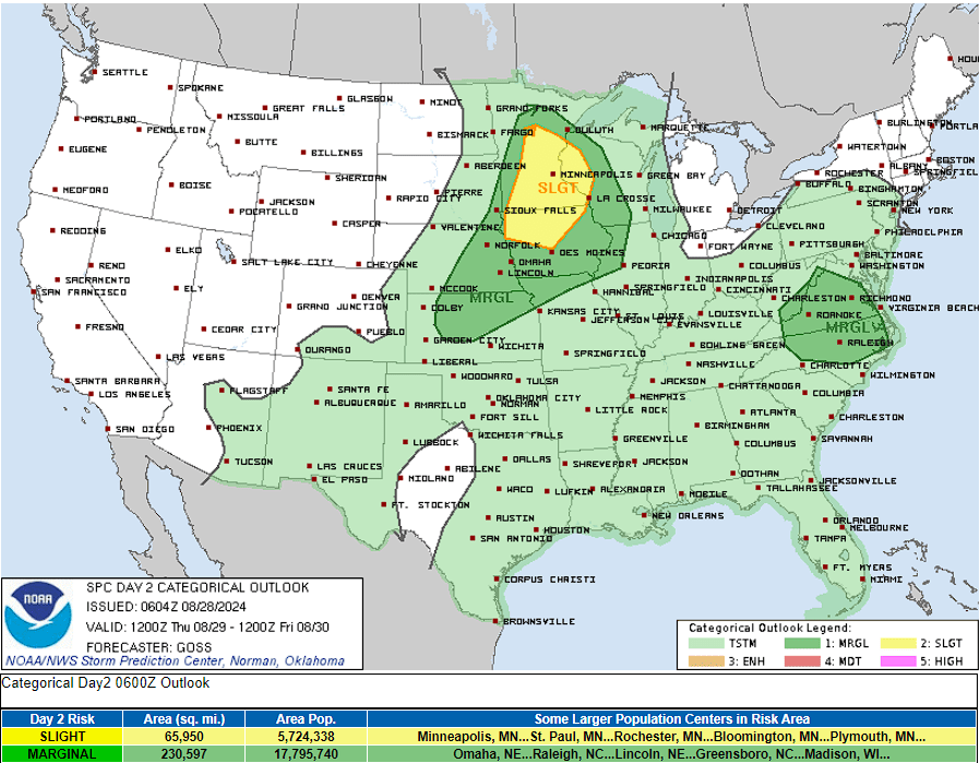 Severe Storm Outlook for Thursday 8/29/24 