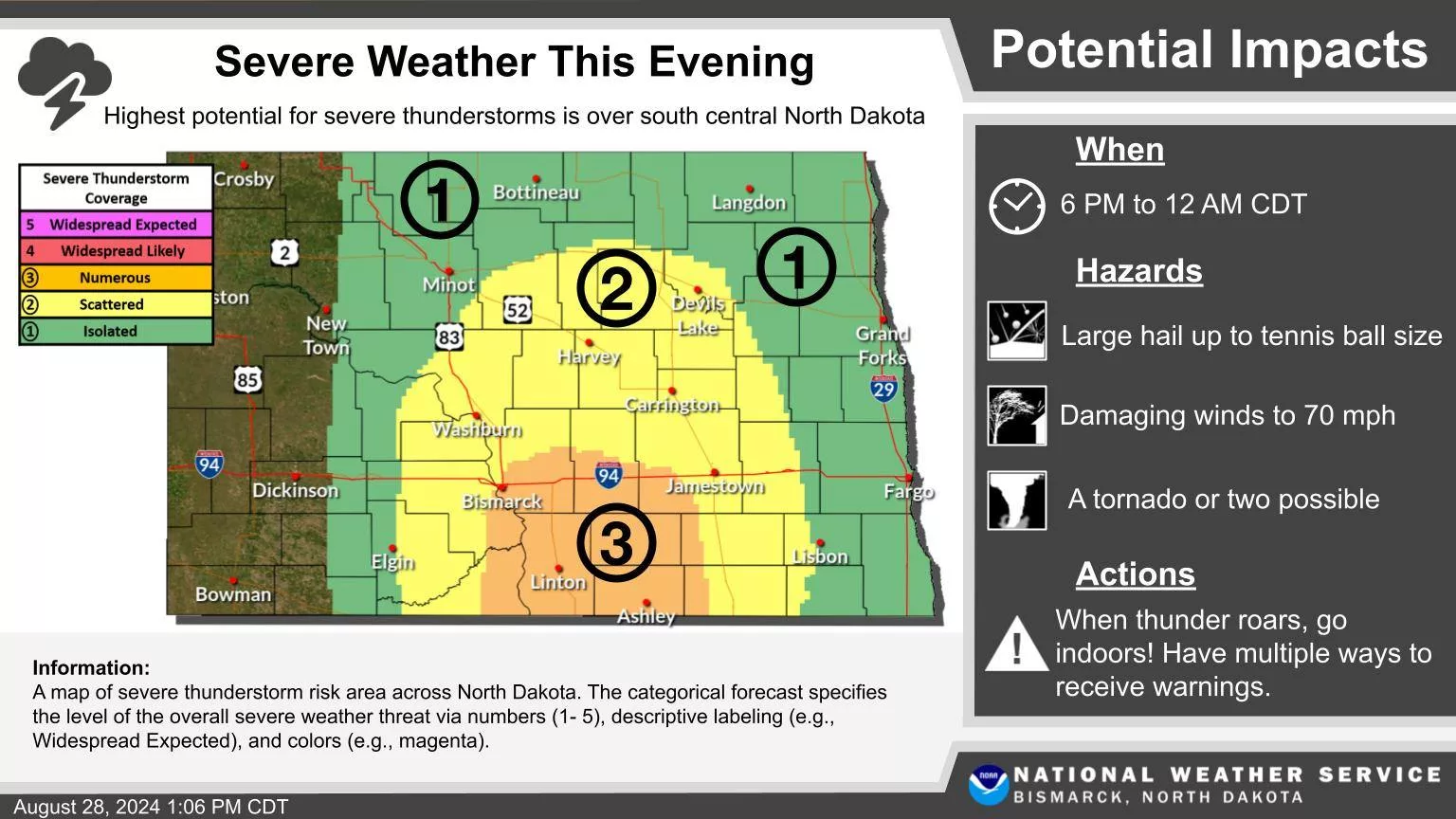 Severe Weather Risk for 8/28/24 via National Weather Service Bismarck, ND.