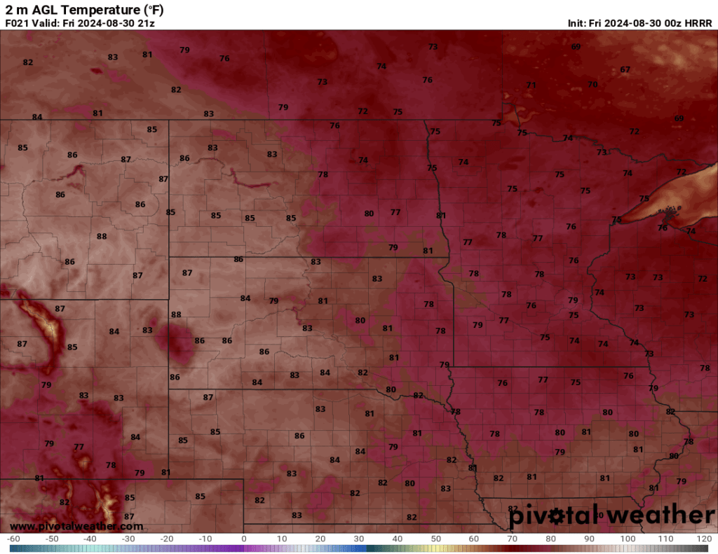 Saturday afternoon temperatures via 0z HRRR pivotal Weather