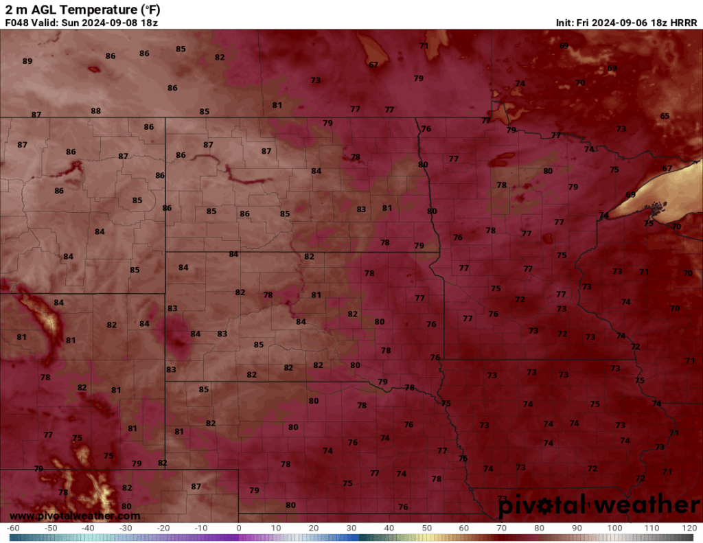 1:00 pm CT Sunday temperatures via pivotal Weather 18z HRRR