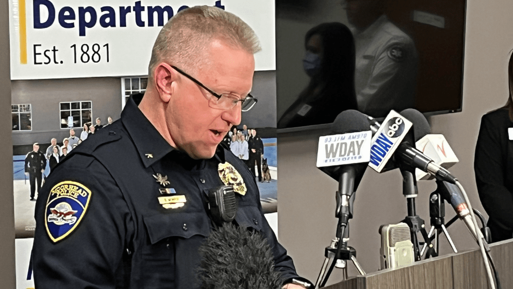 Moorhead Police Chief Shannon Monroe speaks at a press conference (December 22, 2021)