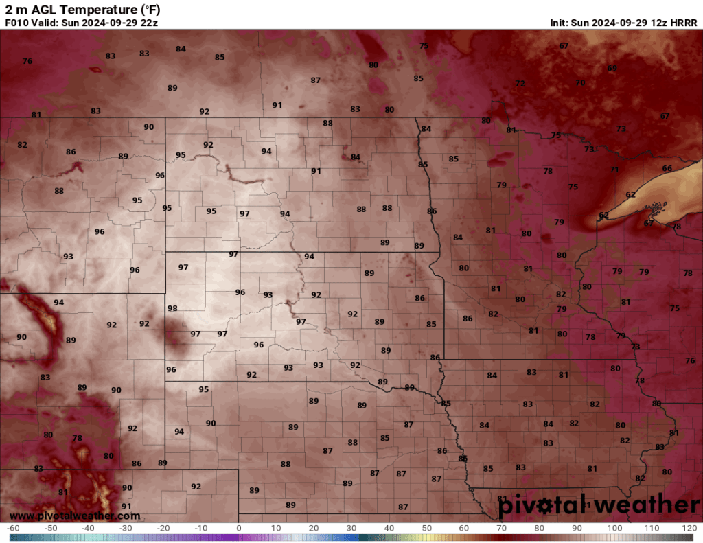 Forecasted high temperatures for Sunday via 12z HRRR Pivotal Weather