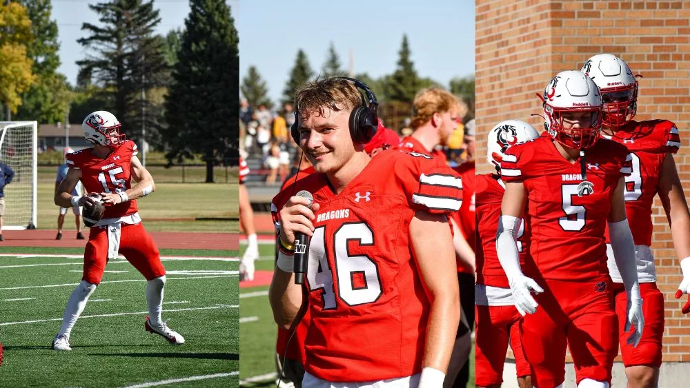 Dragon Football players Jack Strand, Max Watson, and Cody Sorenson