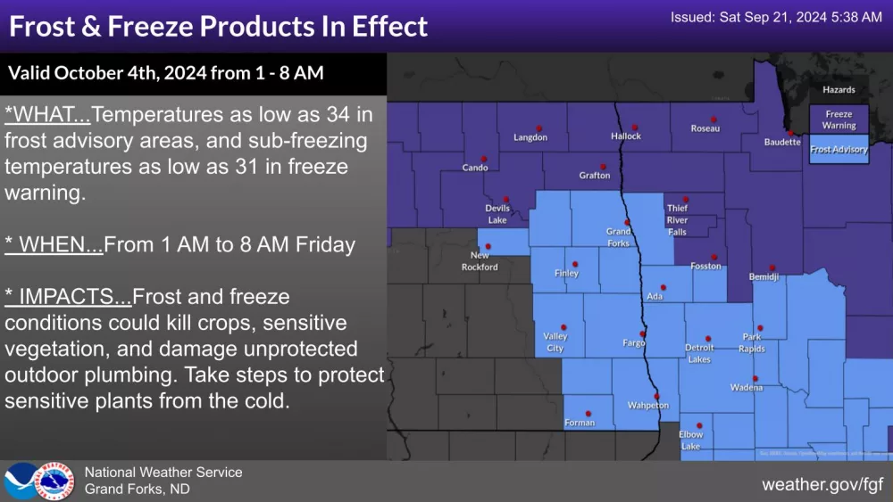 Freeze Warning and Frost Advisory Friday Morning Via National Weather Service Grand Forks