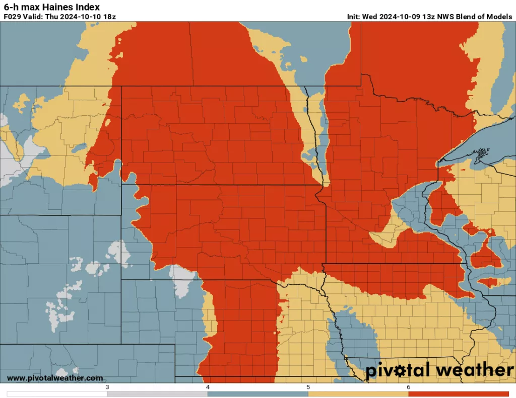 6 Hour max Haines fire index 13z NWS Blend of Models via Pivotal Weather