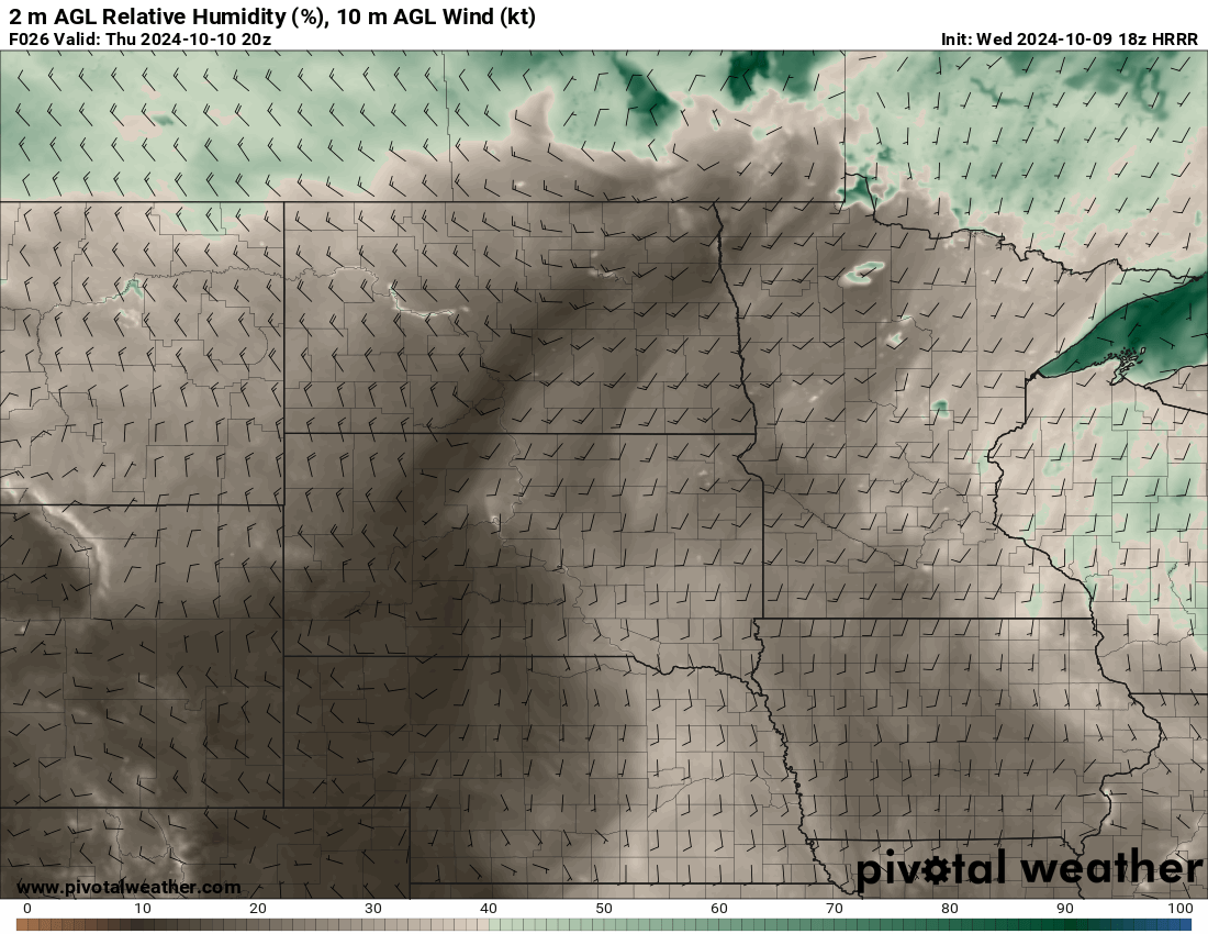 Relative humidity and winds spped/direction 18z HRRR Via Pivotal Weather