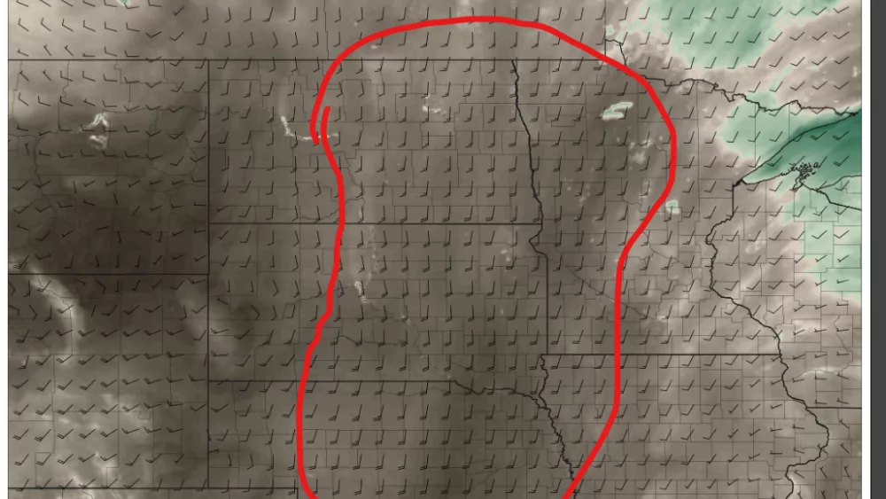 Relative humidity ,Wind speed (kts), and direction Wednesday via 18z HRRR Pivotal Weather