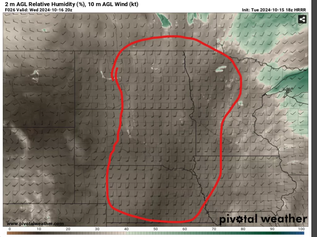 Relative humidity ,Wind speed (kts), and direction Wednesday via 18z HRRR Pivotal Weather