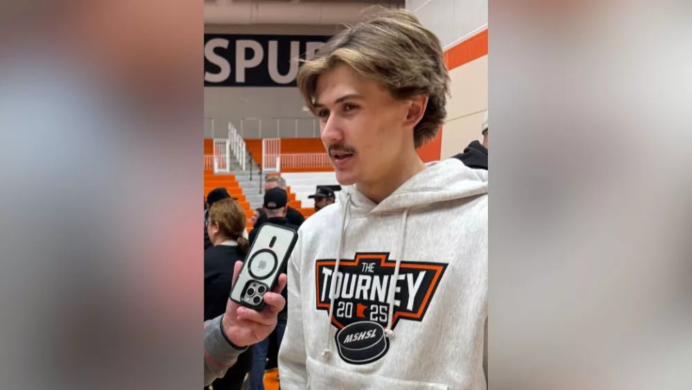 Moorhead Spud boys hockey goaltender Charlie Stenehjem