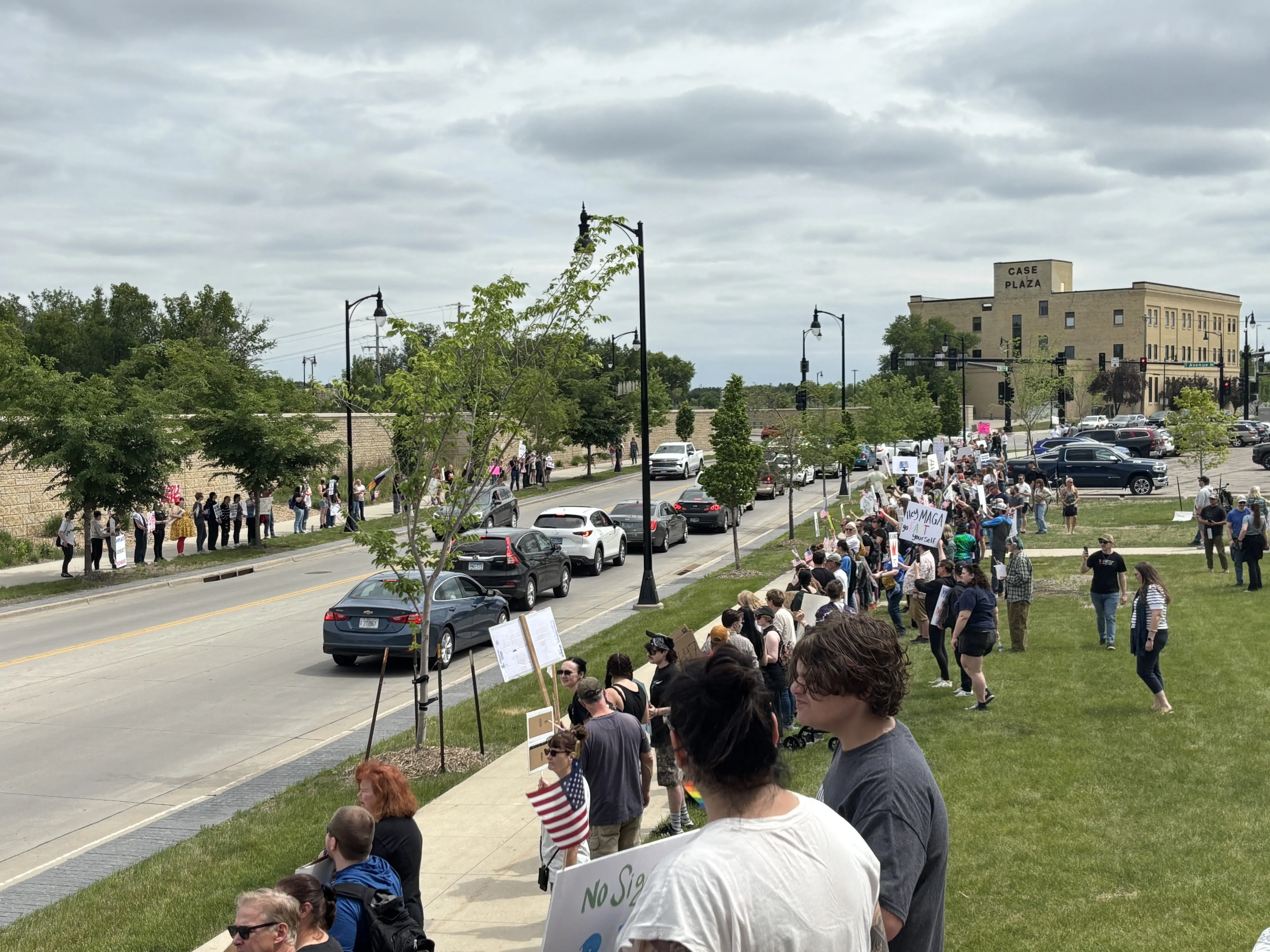 Image of No Kings protesters along Fargo's Second Street North