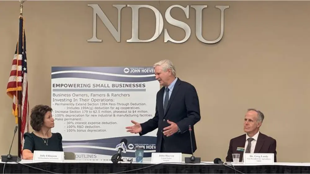 Image of John Hoeven speaking at farmers roundtable at NDSU