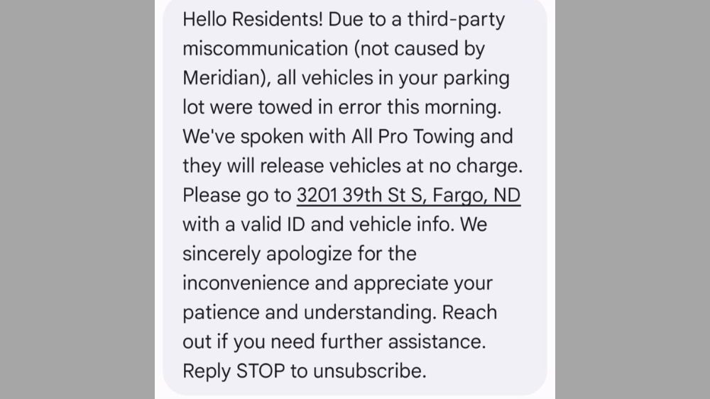 Image of text message sent to residents of Burlington Apartments