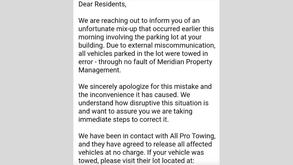 Image of email sent to Burlington Apartments residents