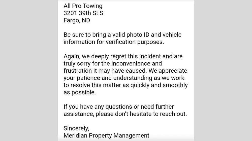 Image of email sent to Burlington Apartments residents