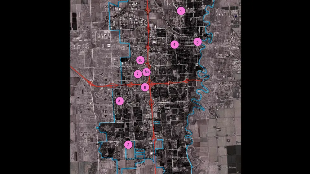 The city of Fargo drafted a map showing all possible locations for a new convention center