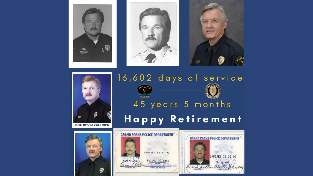 Image of Grand Forks Police Department Facebook page collage of Sergeant Kevin Kallinen honoring his retirement