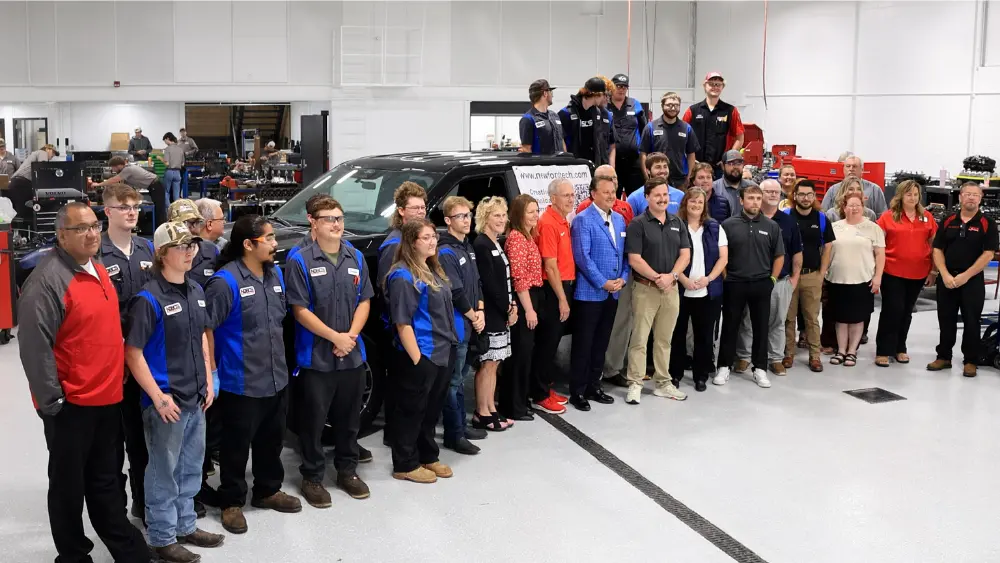 NDSCS automotive technology students receiving a pickup donation from Vision Ford Wahpeton