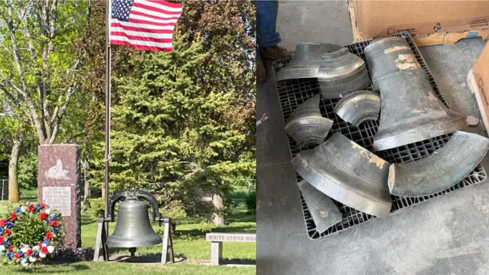 Image of intact bell on left, and shattered bell on right from White Stone Hill Cemetery