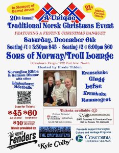 Flyer and ticket info for the 20th Annual Traditional Norsk Christmas Event