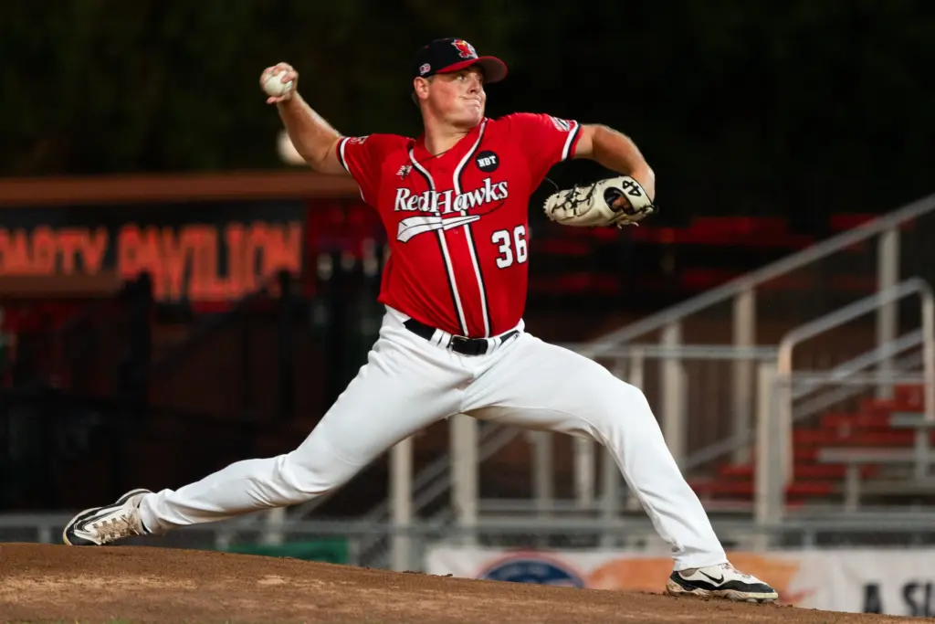 Fargo-Moorhead RedHawks pitcher Jake Dykhoff throwing a pitch