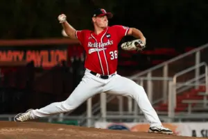 Fargo-Moorhead RedHawks pitcher Jake Dykhoff throwing a pitch