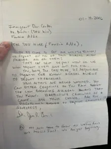 Threatening letter sent to Fowzia Adde