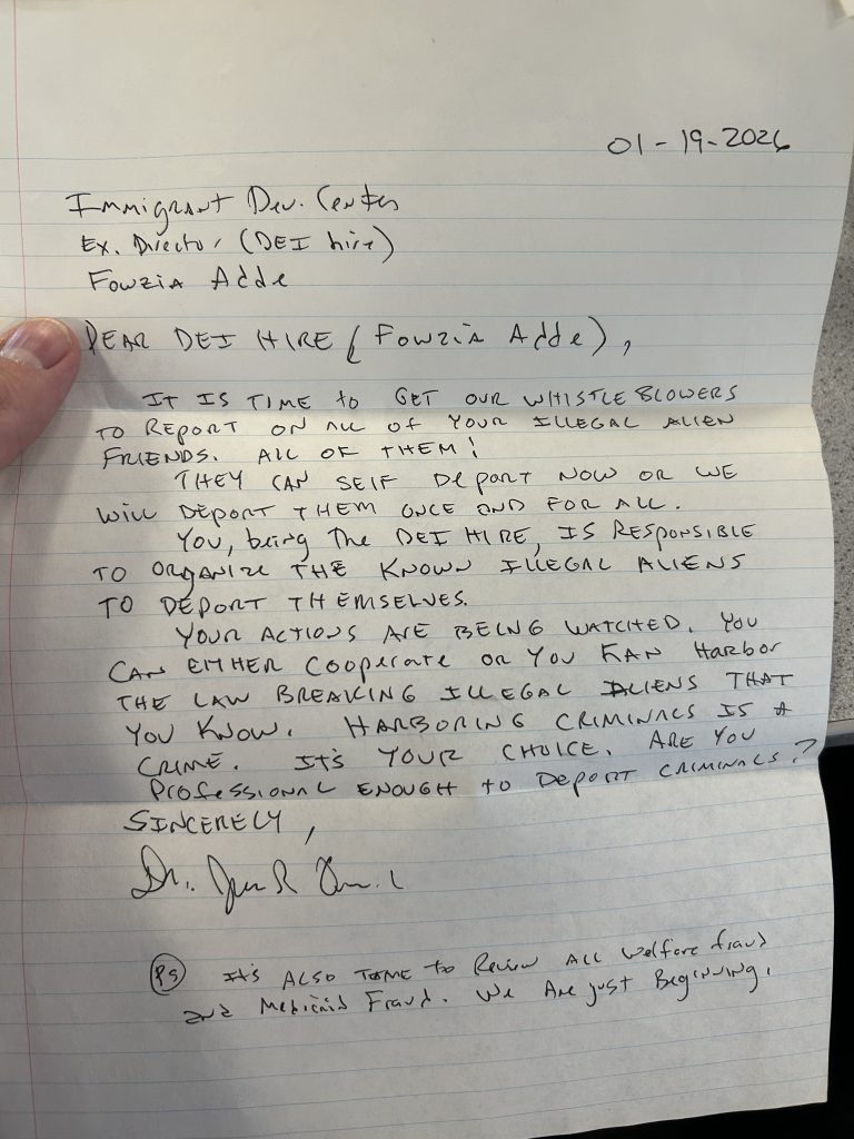 Threatening letter sent to Fowzia Adde