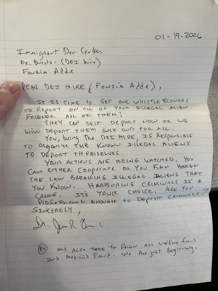 Threatening letter sent to Fowzia Adde