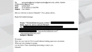 Email sent to Jeffrey Epstein from Eduardo Teodorani while he was visiting North Dakota.