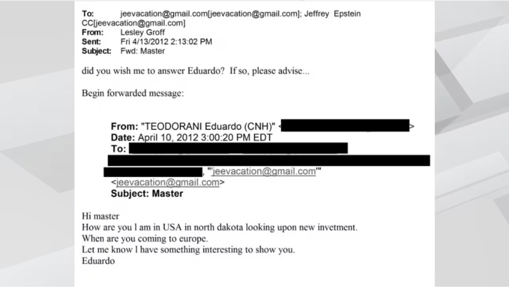 Email sent to Jeffrey Epstein from Eduardo Teodorani while he was visiting North Dakota.